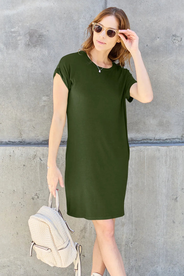 Matcha Green Basic Bae Full Size Round Neck Short Sleeve Dress With Pockets