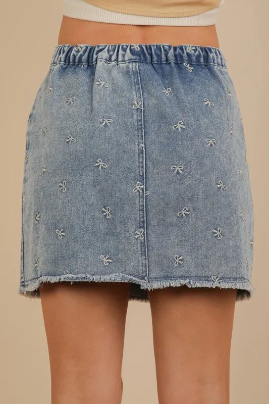 Indigo Very J Bow Printed Casual Denim Mini Skirt