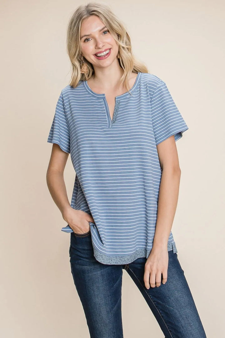 Denim Cotton Bleu By Nu Lab Slit Striped Notched Short Sleeve T Shirt