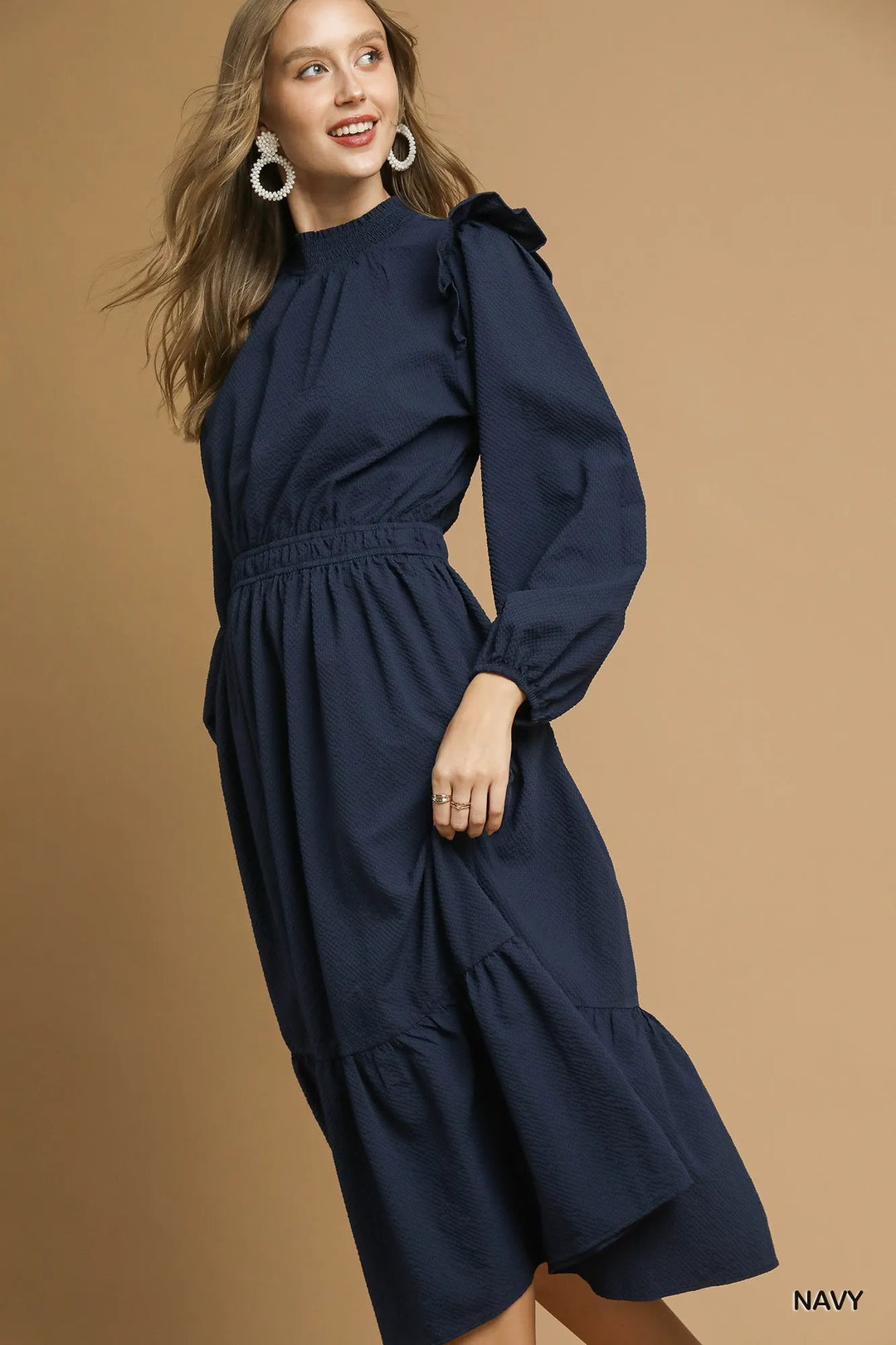 Navy Umgee Textured Midi Dress With Ruffle Shoulder Detail