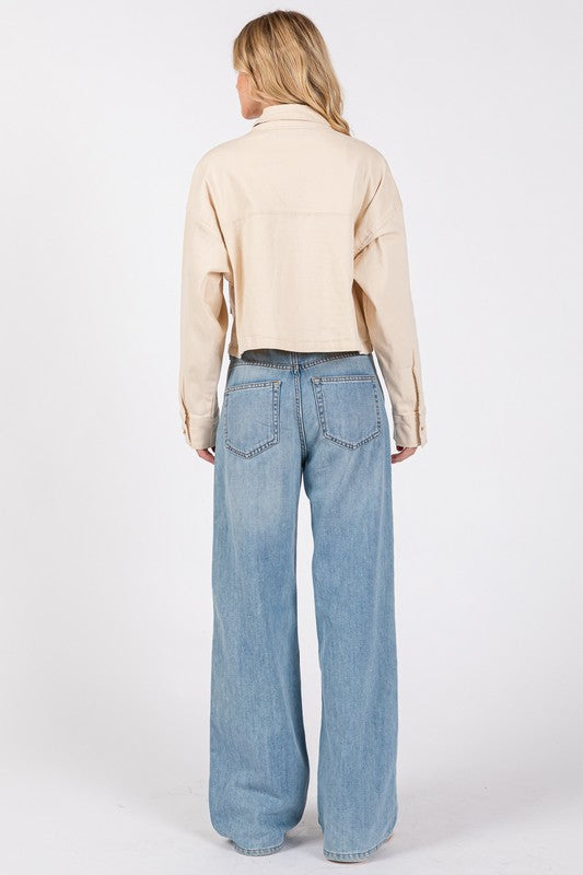 Tan Bytos Button Down Cropped Denim Jacket With Patch Pockets 2