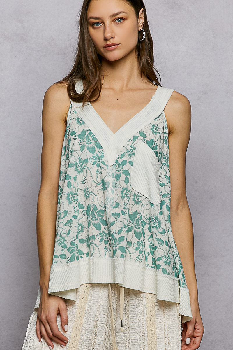 Teal Multi Pol Floral V Neck Tank With Front Pocket 1