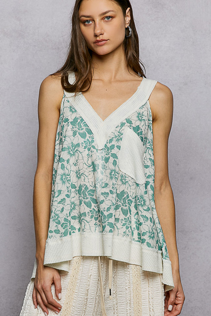 Teal Multi Pol Floral V Neck Tank With Front Pocket 1