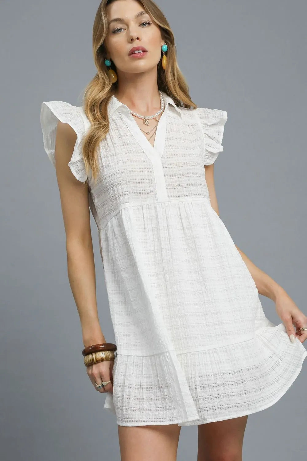 White Umgee Ruffle Cap Sleeve Textured Mini Dress