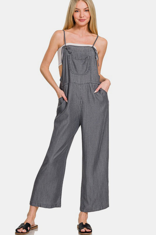 Black Zenana Washed Adjustable Strap Wide Leg Denim Overalls 1
