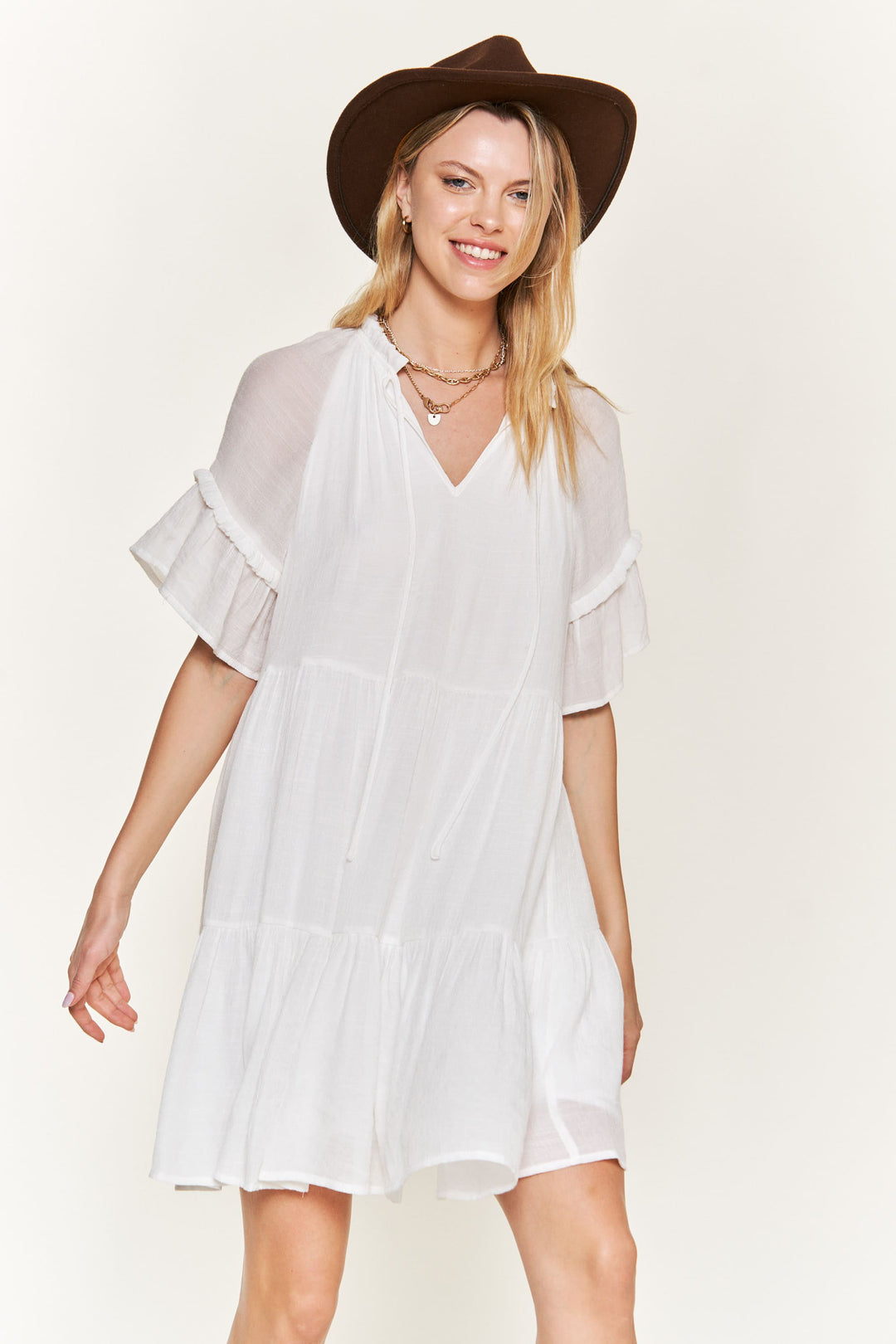 WHITE Ruffled Neck Tiered Mini Dress Jbj1054A