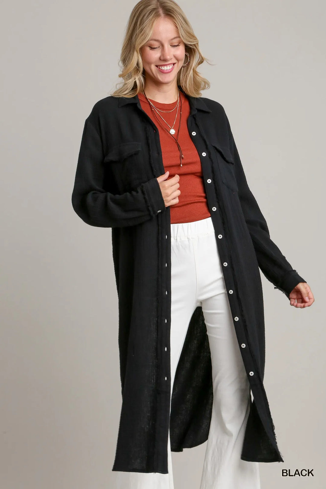 Black Umgee Cotton Gauze Button Down Shirt Dress 1