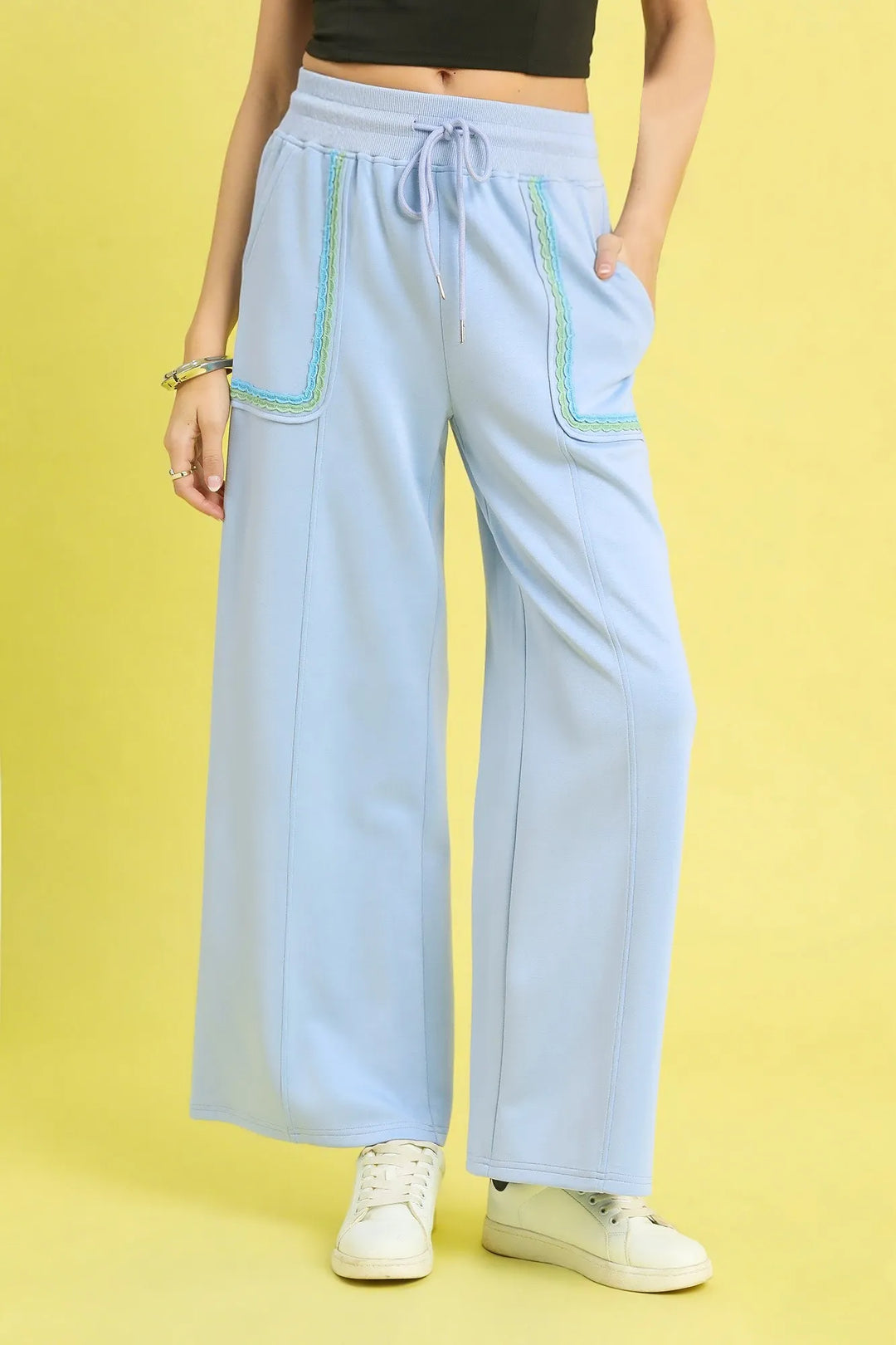 Ice Blue Umgee Drawstring Wide Leg Pants With Scallop Trim Detail