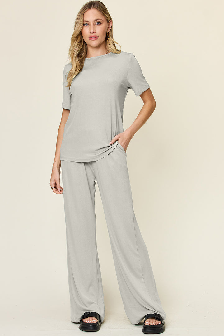 Light Gray Double Take Full Size Round Neck Short Sleeve T Shirt And Wide Leg Pants Set