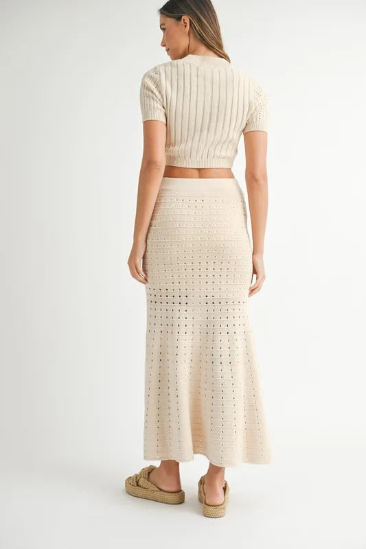 Mable Pointelle Short Sleeve Crop Top And Slit Skirt Sweater Set 2