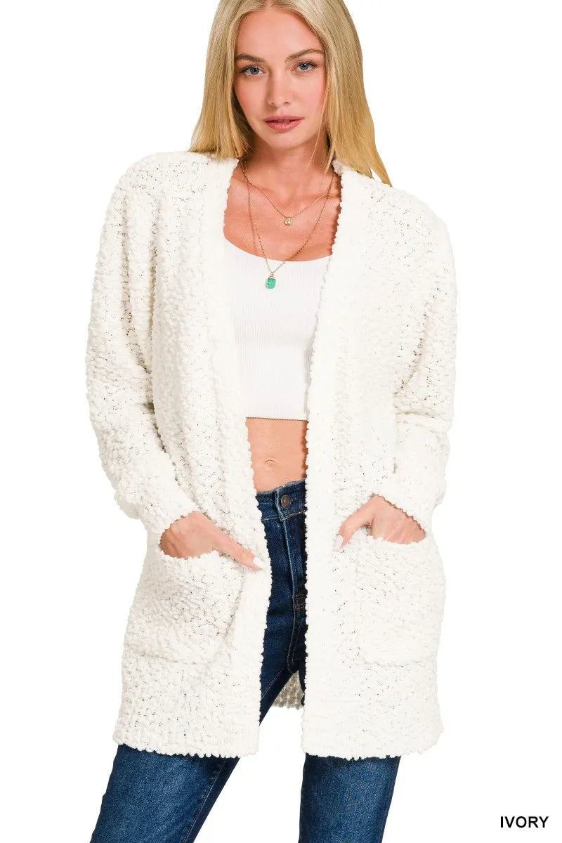 Ivory Zenana Long Sleeve Popcorn Sweater Cardigan With Pockets 1