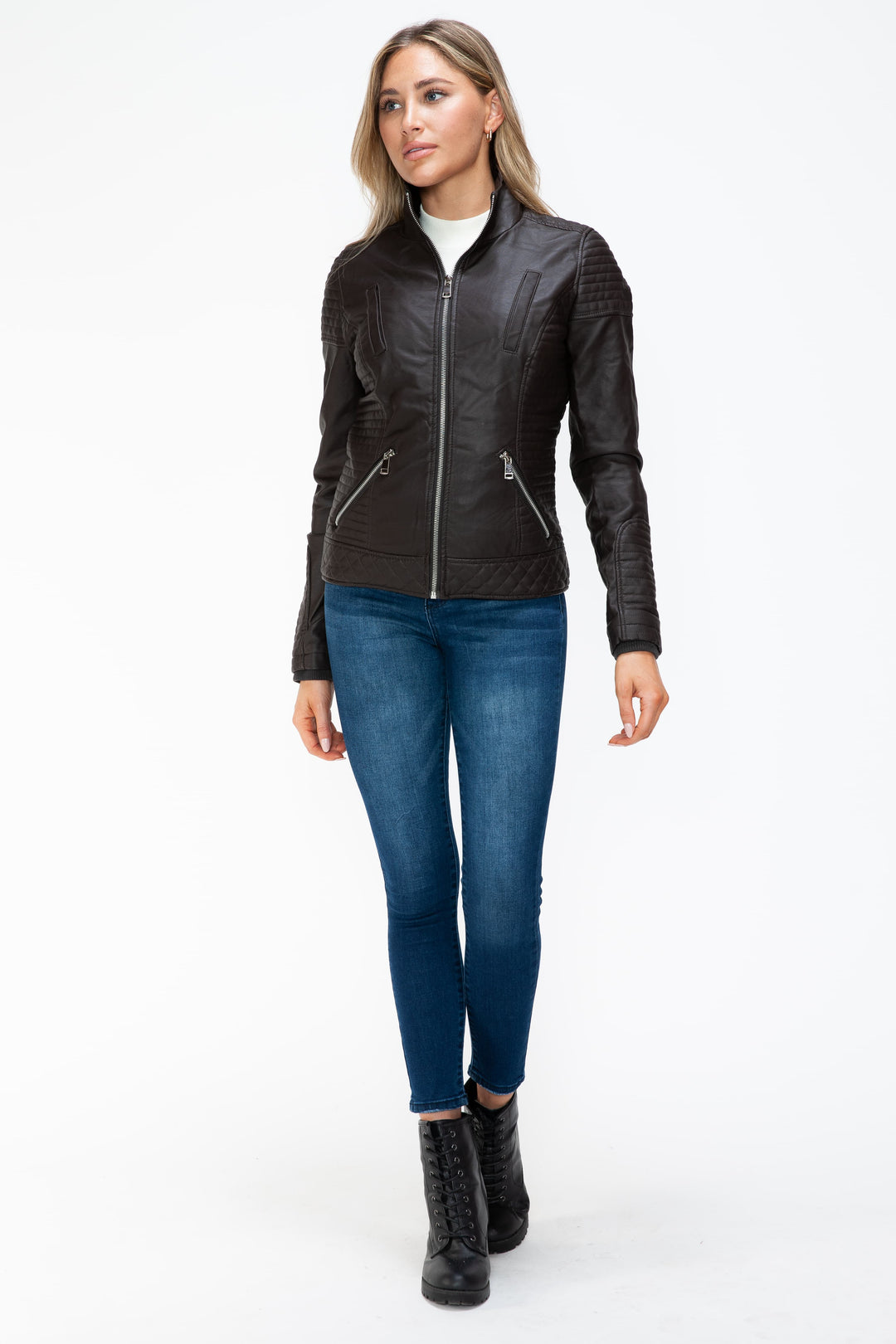 Ymi Faux Layered Double Zipper Jacket With Fuzzy Hood