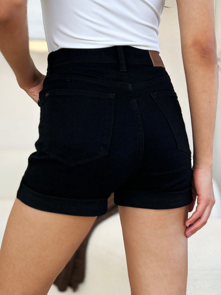 Black Judy Blue Full Size High Waist Tummy Control Cuffed Denim Shorts