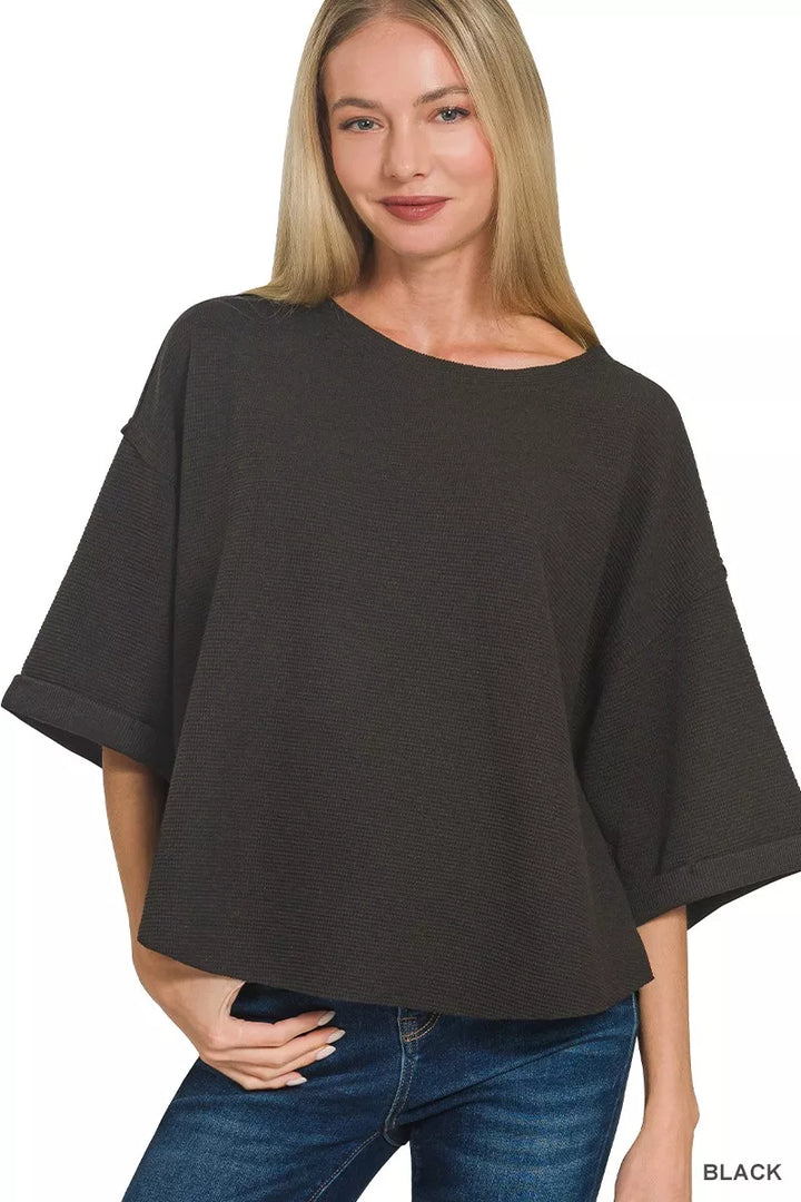 Black Zenana Double Knit Exposed Seam Curved Hem Top 1