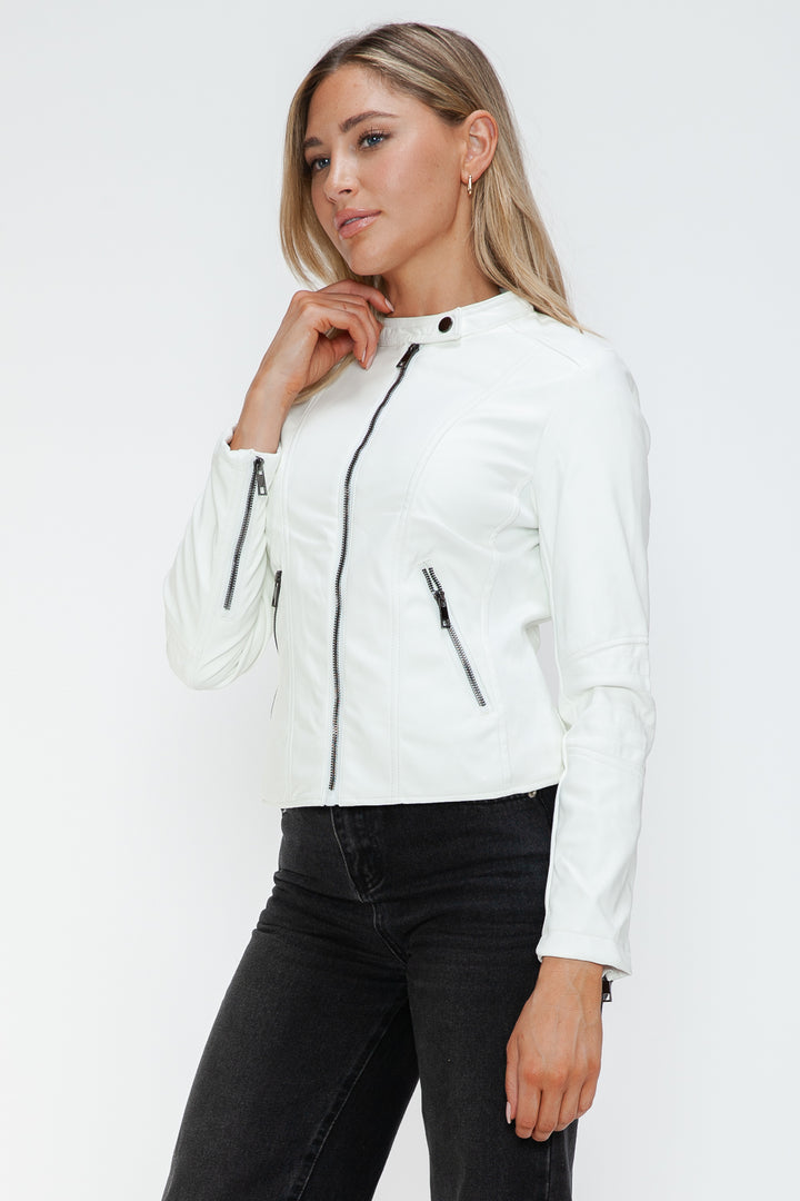 Snobbish Faux Leather Zip Up Drawstring Hooded Jacket 3