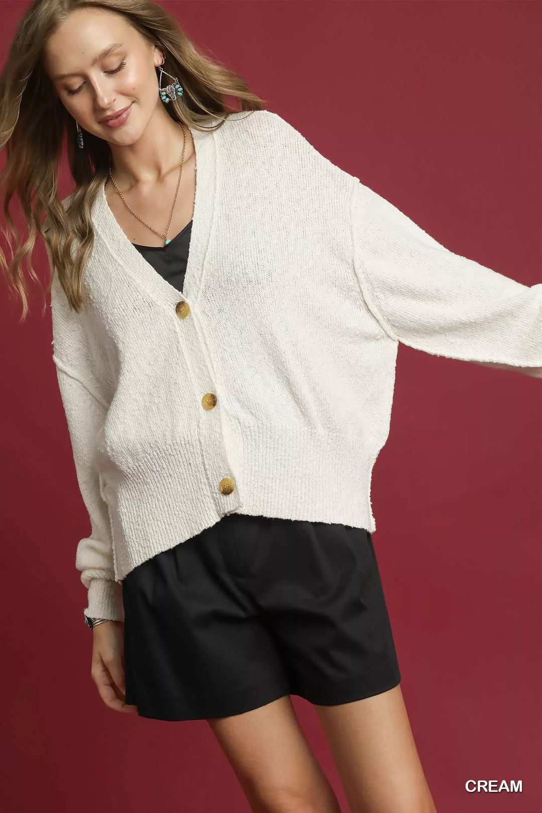 Cream Umgee Button Front V Neck Knit Cardigan