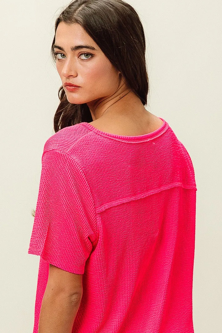 Bibi Waved Rib U Neck Top With Front Pocket