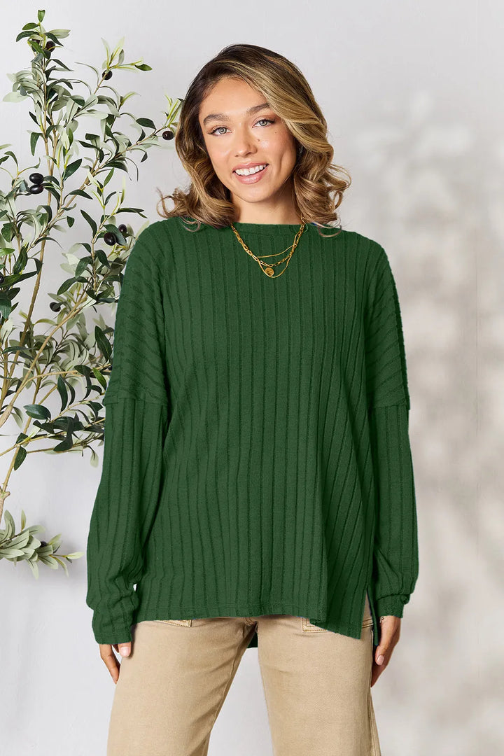 Dark Green Basic Bae Full Size Ribbed Round Neck Slit Knit Top