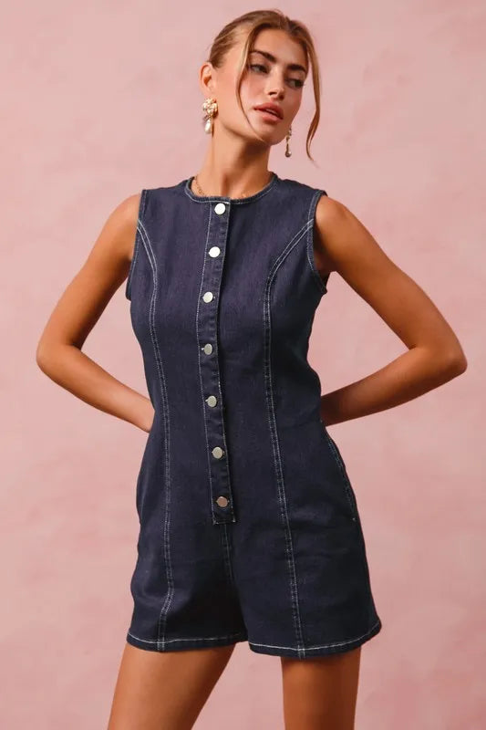 So Me Button Up Front Washed Denim Sleeveless Romper