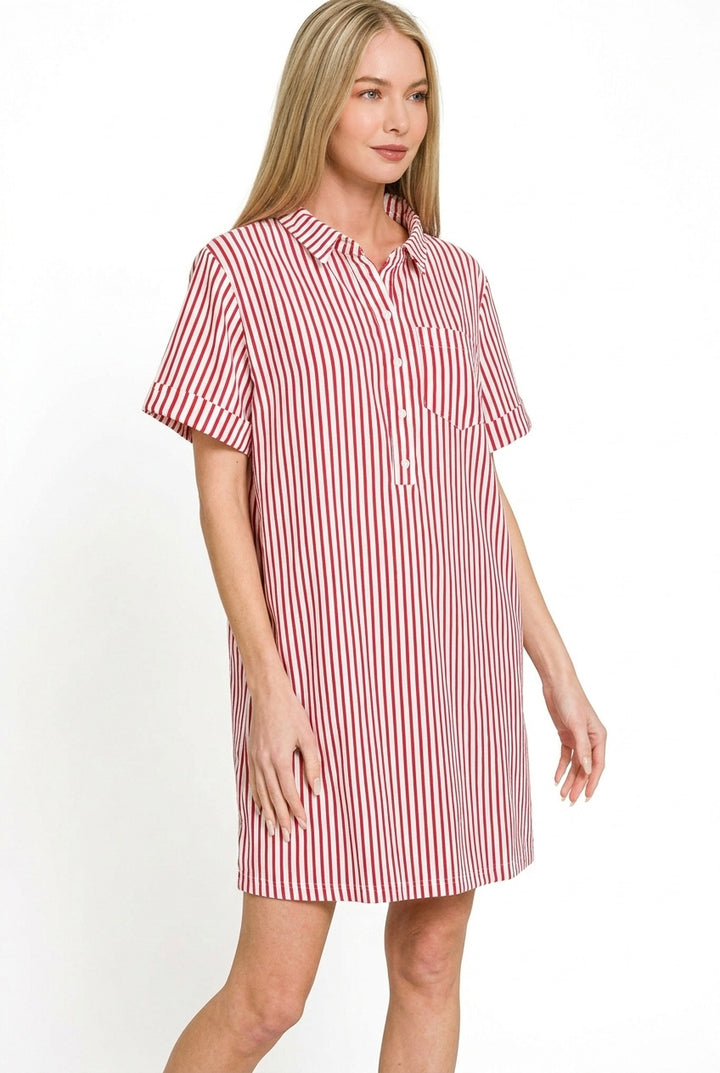 Ruby Zenana Stripe Collared Half Button Up T Shirts Dress