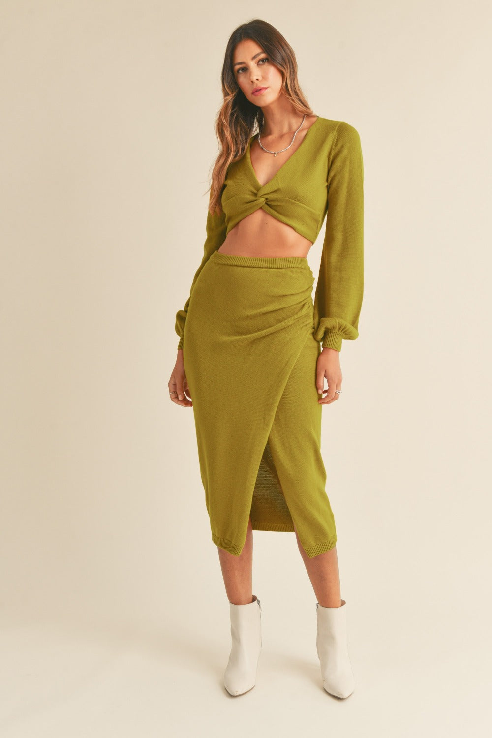 Moss Green Mable Front Twisted Knit Top And Midi Skirt Set 1