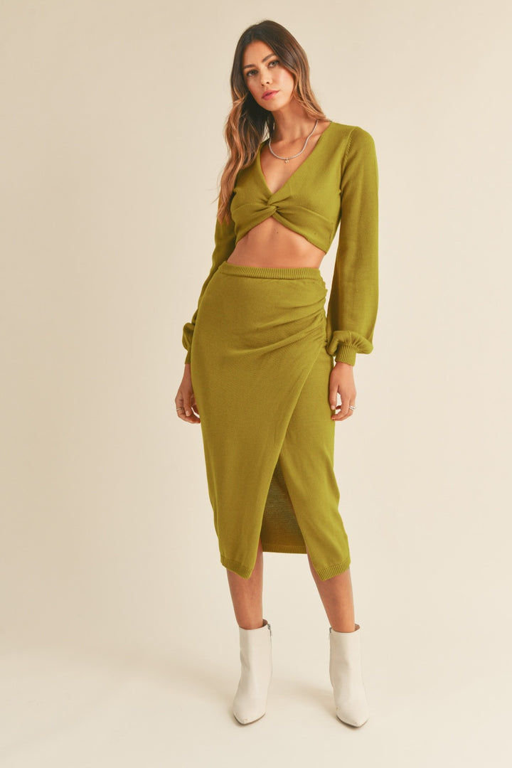 Moss Green Mable Front Twisted Knit Top And Midi Skirt Set 1