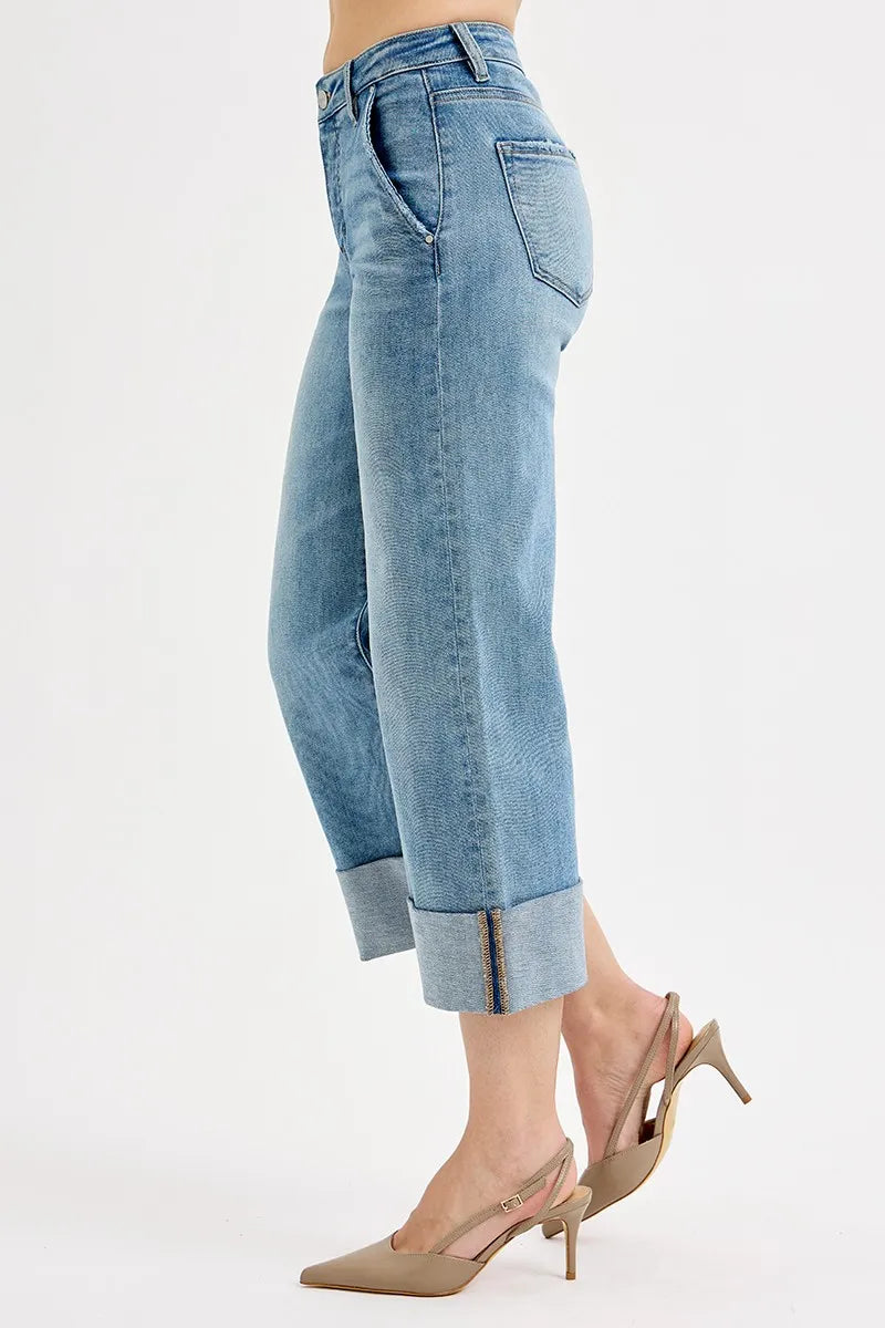 Medium Risen Full Size Tummy Control High Rise Ankle Wide Cuffed Jeans Plus Size