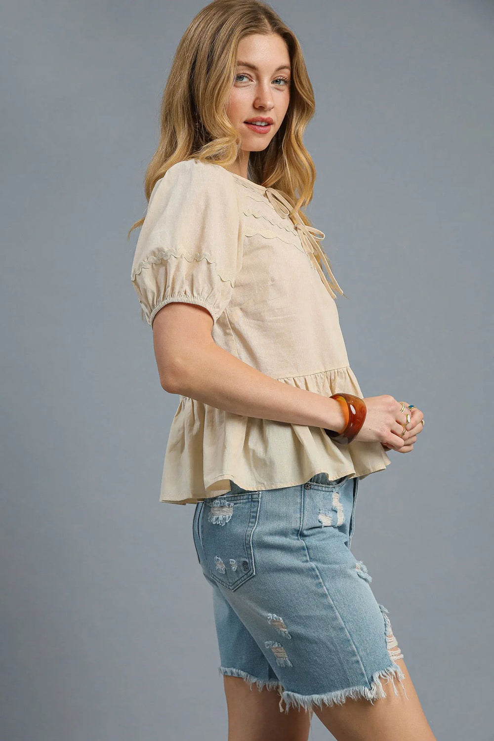 Cream Umgee Tie Front Puff Sleeve Blouse 1