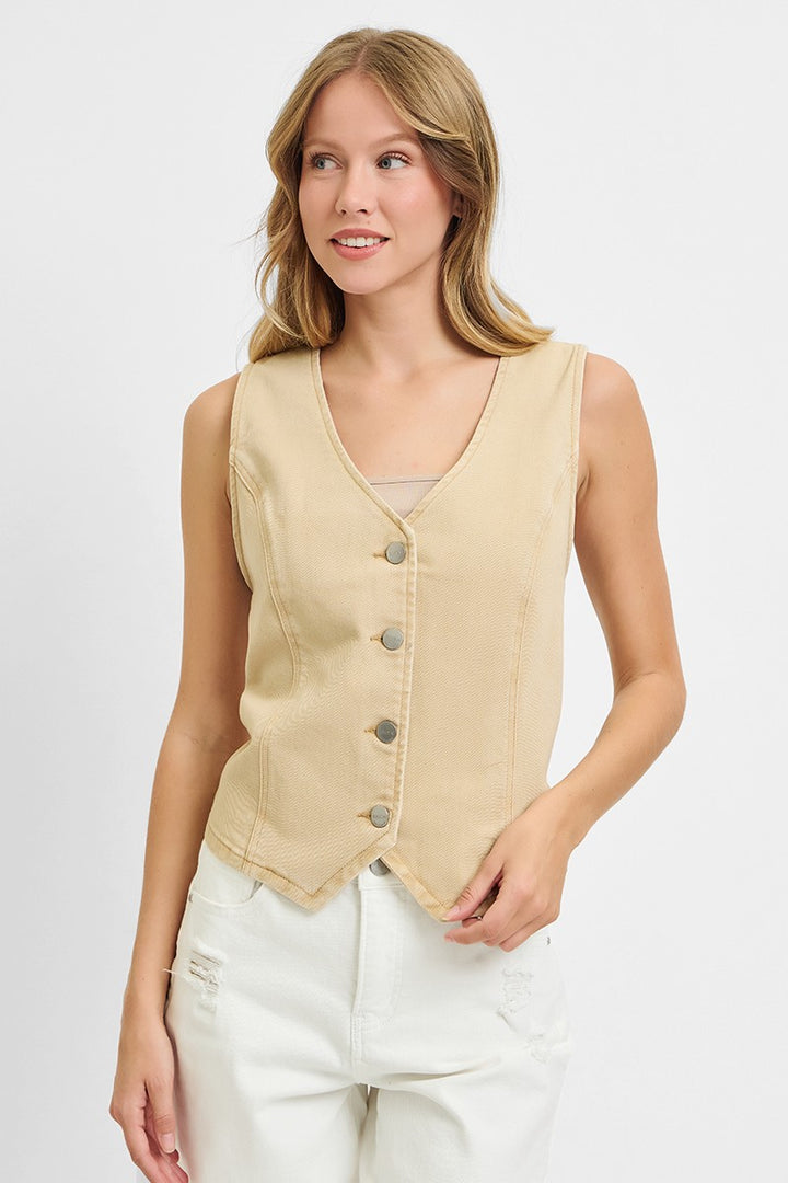 Latte Risen Full Size V Neck Button Down Vest Plus Size