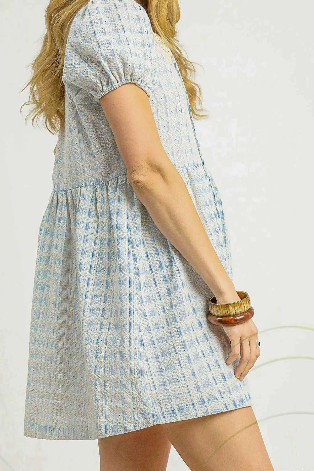 Sky Blue Umgee Lace Detail Short Puff Sleeve Mini Dress