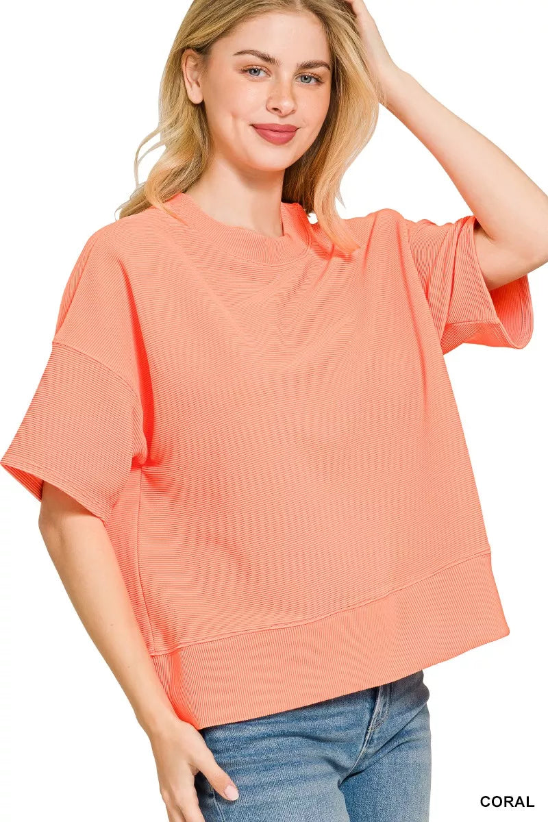 Coral Zenana Ribbed Round Neck Waist Banded T Shirt 1