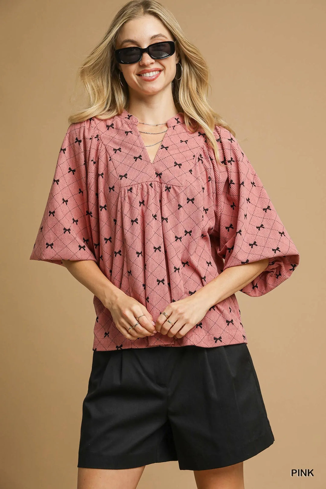 Pink Umgee Corduroy Bow Print Balloon Sleeve Blouse 1