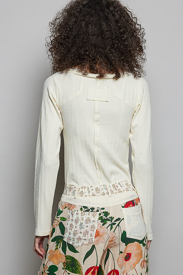 Pol V Neck Long Sleeve Ribbed Top With Lace Accent Neckband
