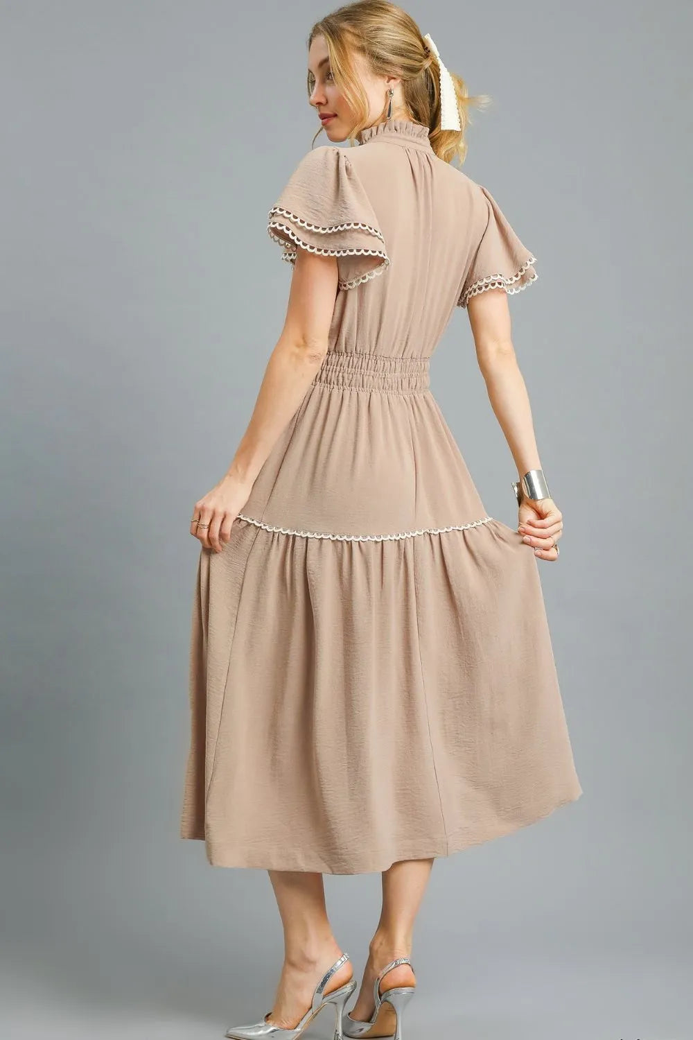 Camel Umgee Tiered Flutter Sleeve Midi Dress