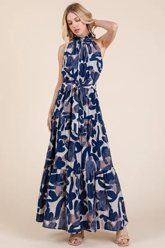 Lime N Chili Abstract Halter Neck Tie Waist Tiered Maxi Dress