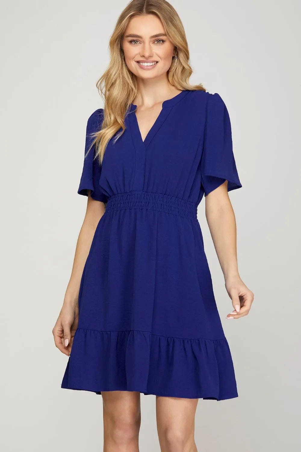 Navy She Sky Ruffled Hem Notched Flutter Sleeve Mini Dress