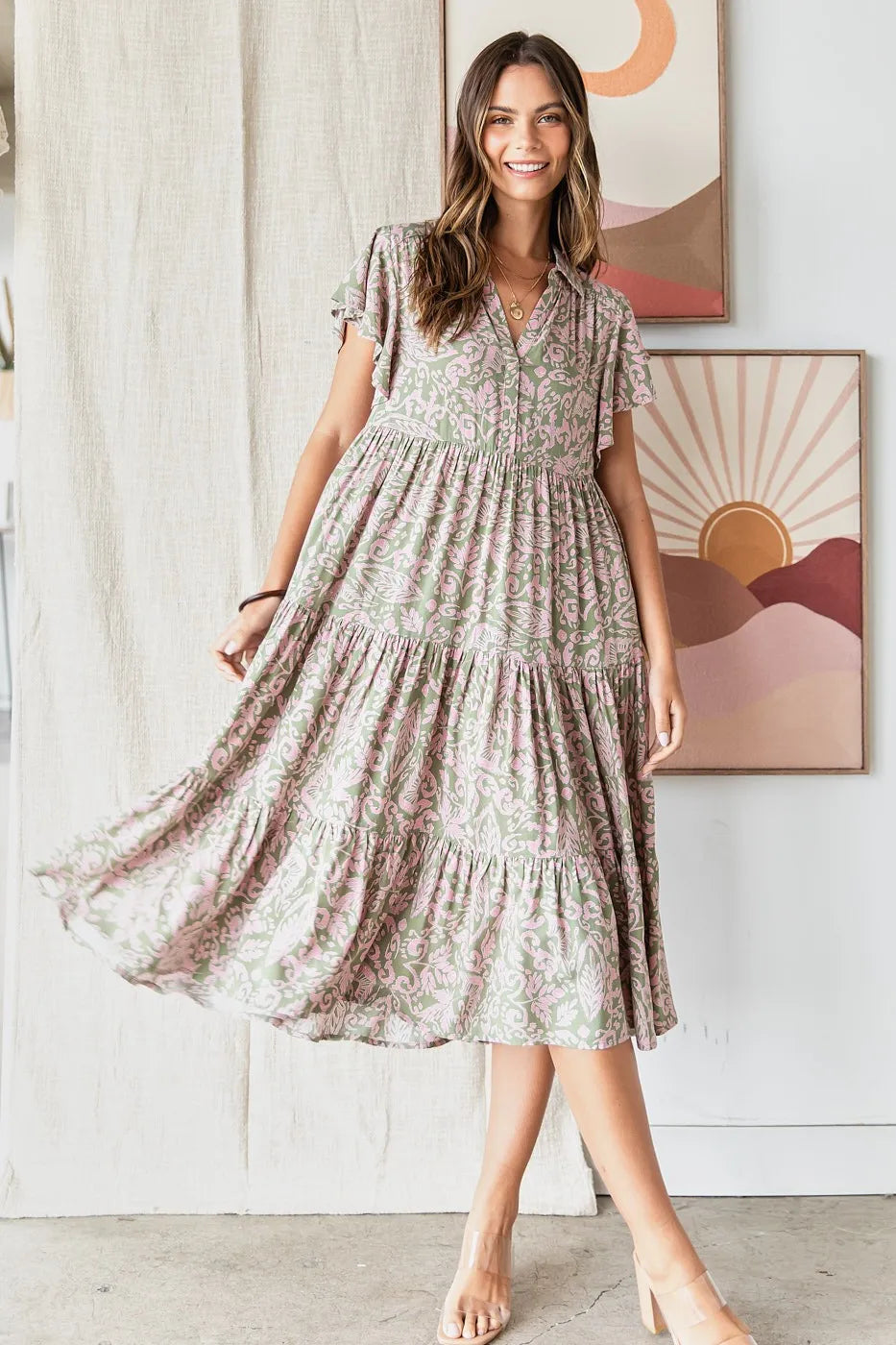 Sage Mittoshop Abstract Print Ruffle Tier Midi Dress