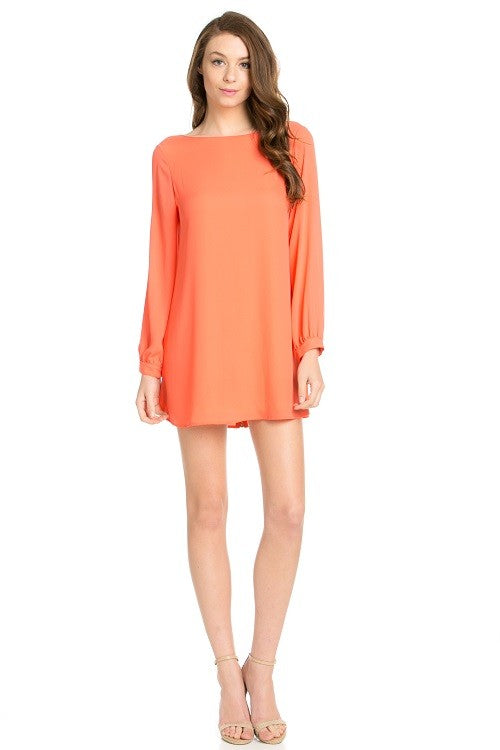 Coral Long Sleeve Shift Dress Coral