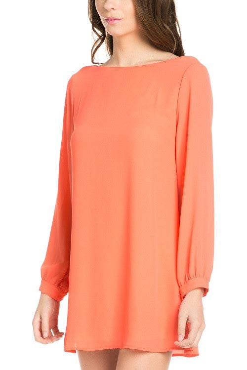 Coral Long Sleeve Shift Dress Coral