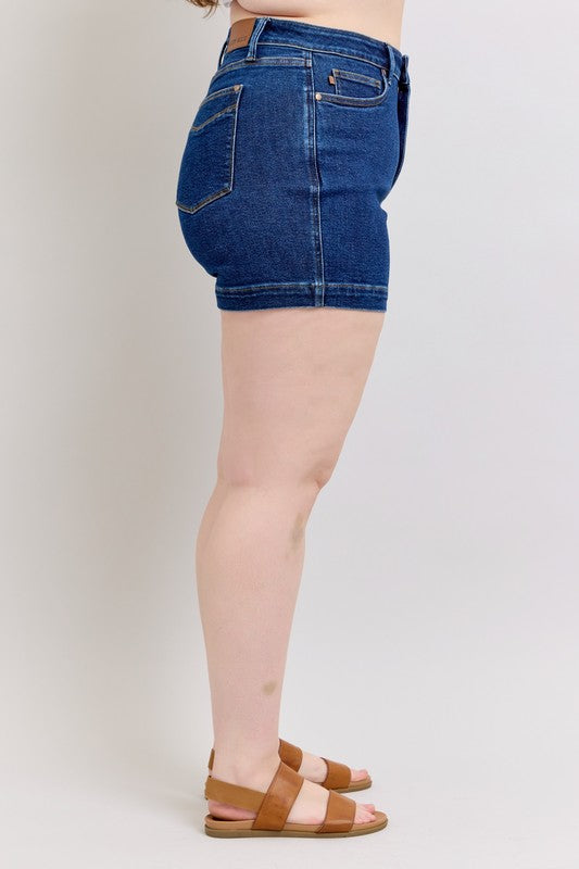 Dark Judy Blue Plus Size High Waist Tummy Control Denim Shorts