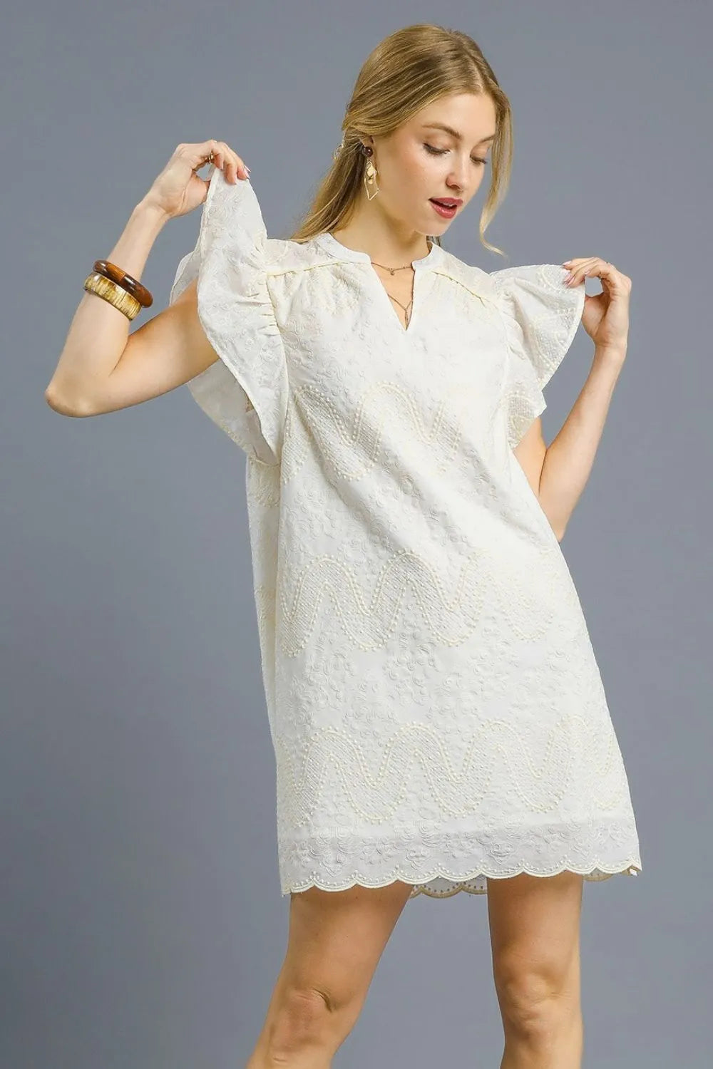White Umgee Scalloped Hem Embroidered Mini Dress