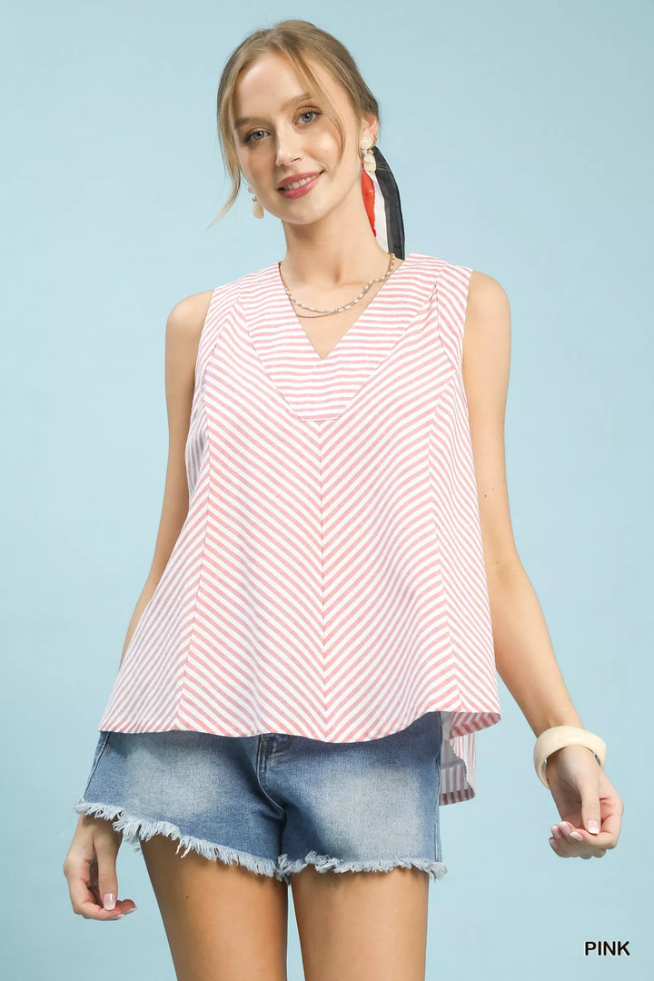 Pink Umgee Mixed Stripe Sleeveless V Neck Top 1