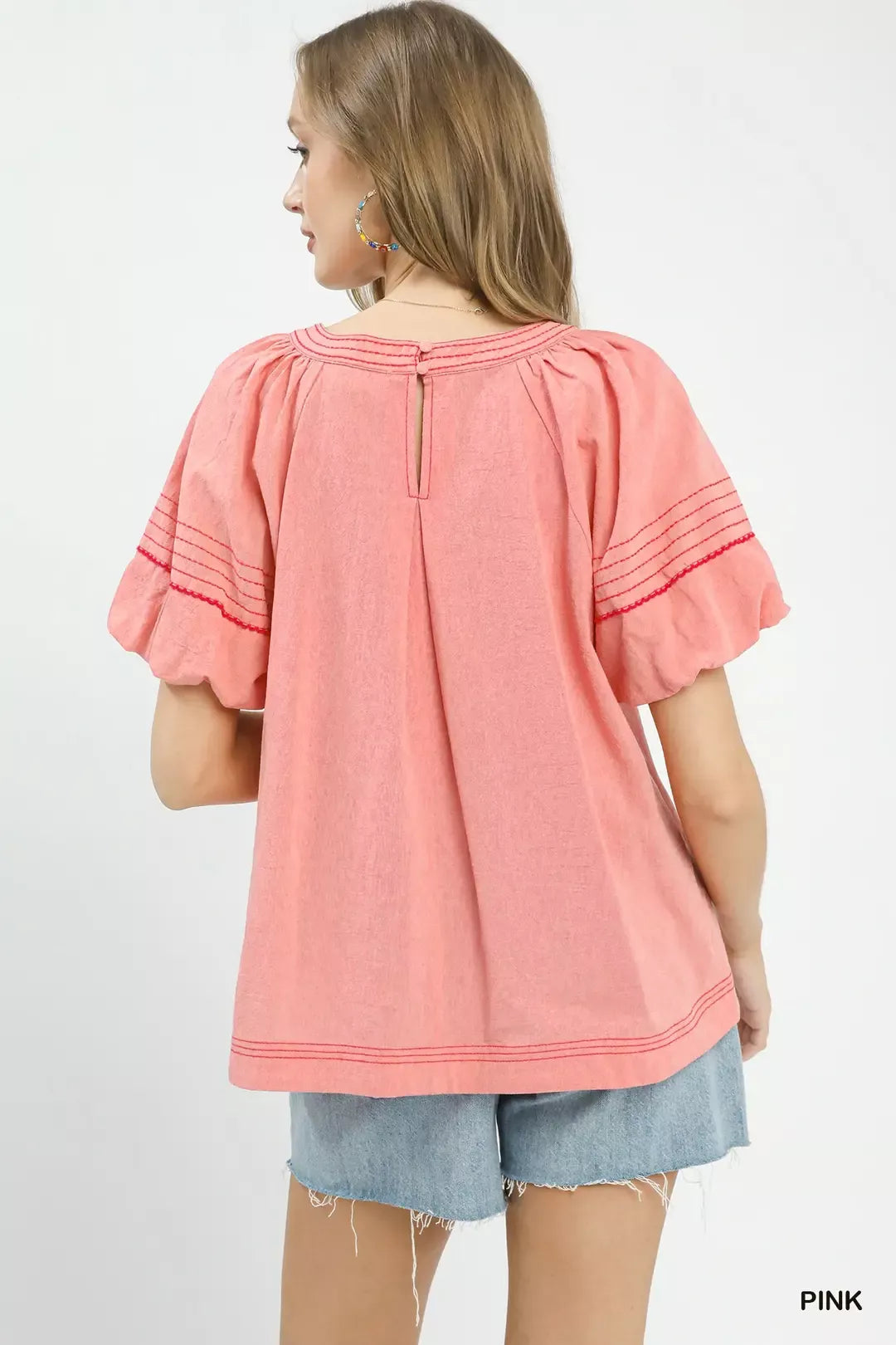 Pink Umgee Round Neck Puff Sleeve Top With Contrast Stitch Detail 2