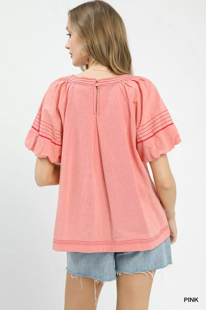 Pink Umgee Round Neck Puff Sleeve Top With Contrast Stitch Detail 2