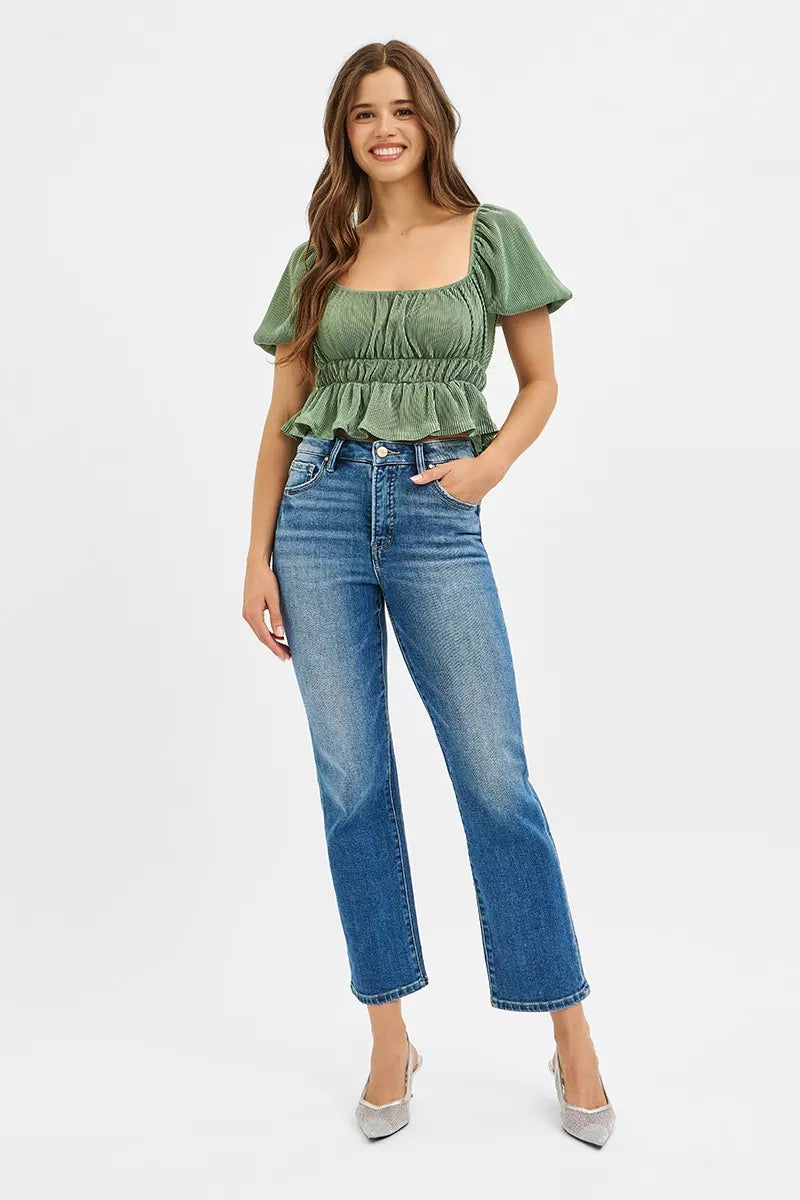 Medium Risen Tummy Control High Rise Crop Straight Jeans