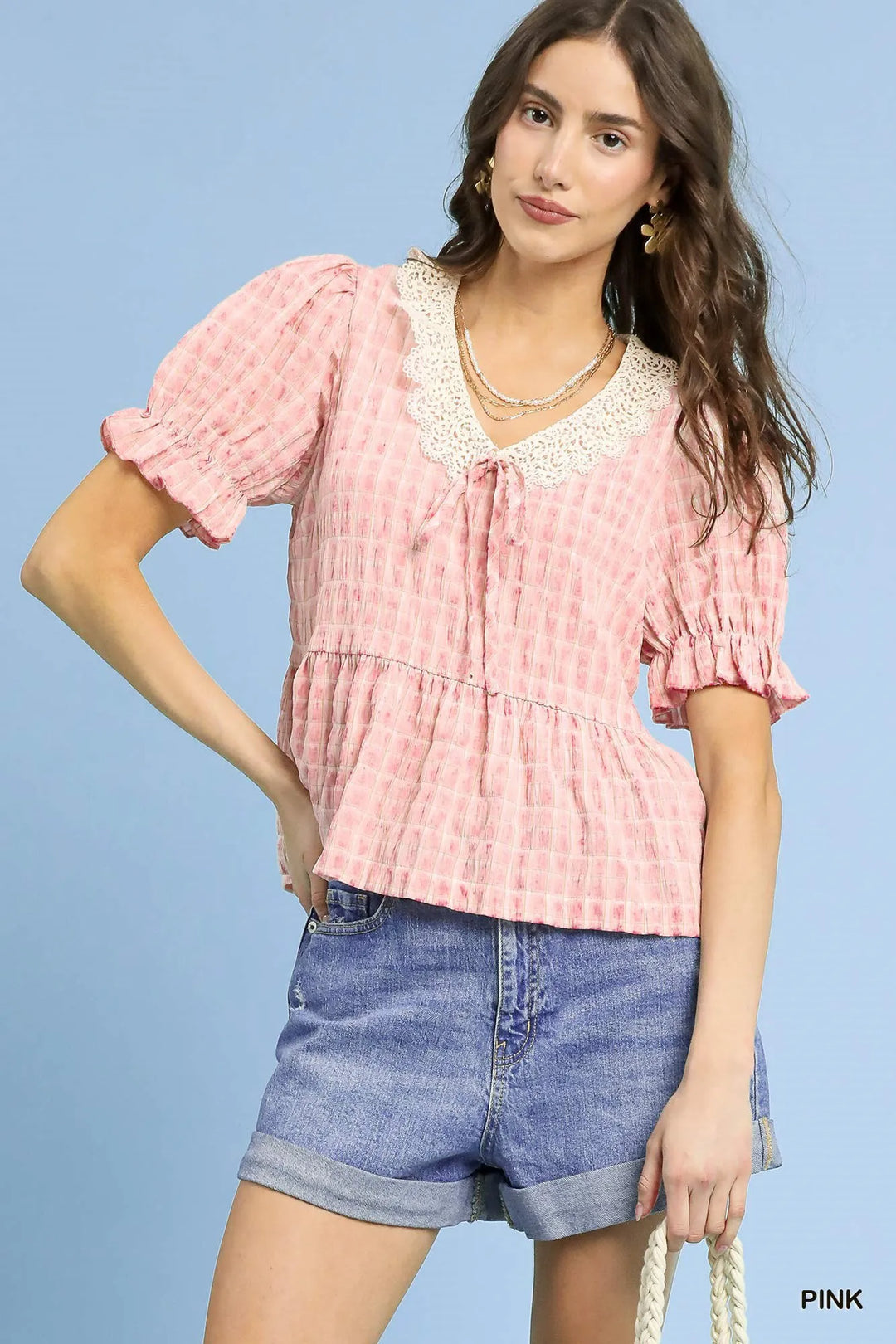 Pink Umgee Short Sleeve Gingham Lace Peplum Blouse