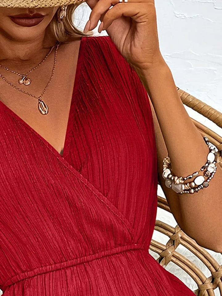 Deep Red Textured Surplice Sleeveless Romper