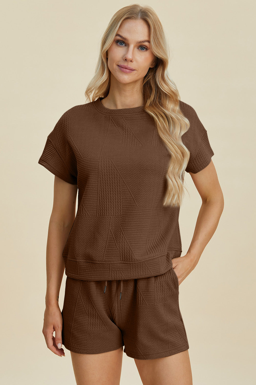Cerulean Double Take Full Size Texture Short Sleeve Top And Shorts Set