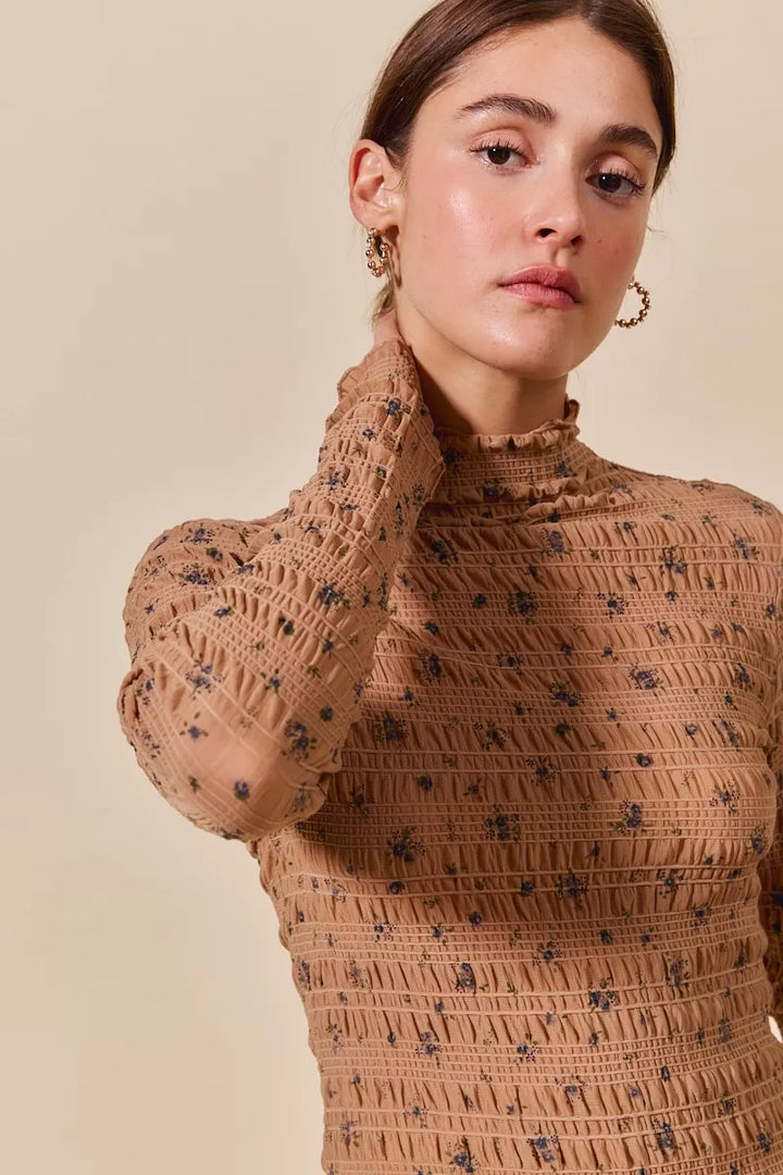 Brown So Me Floral Print Textured Long Sleeve Knit Top