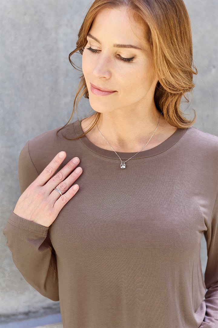 Dark Brown Basic Bae Full Size Round Neck Long Sleeve Top